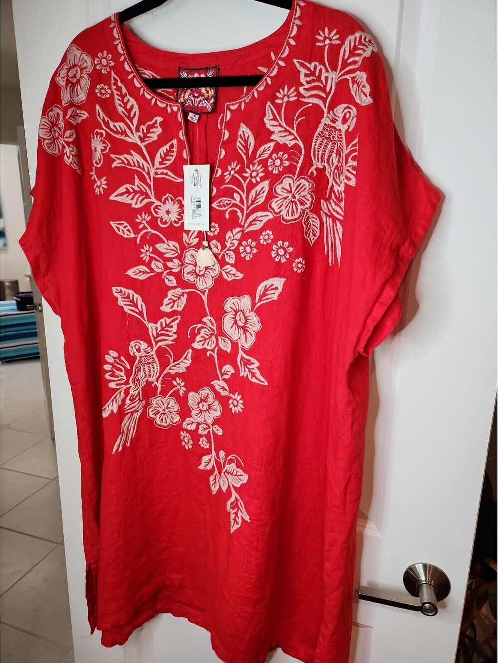 Johnny Was Shift Dress Women's Sz 3X Linen Red Wht Embroidered Tunic Floral - Picture 7 of 9